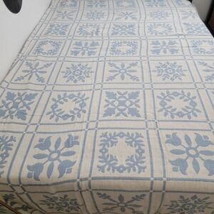 VTG Crown Crafts‎ Cotton Blue White Reversible Medallion Bedspread Full Sz USA